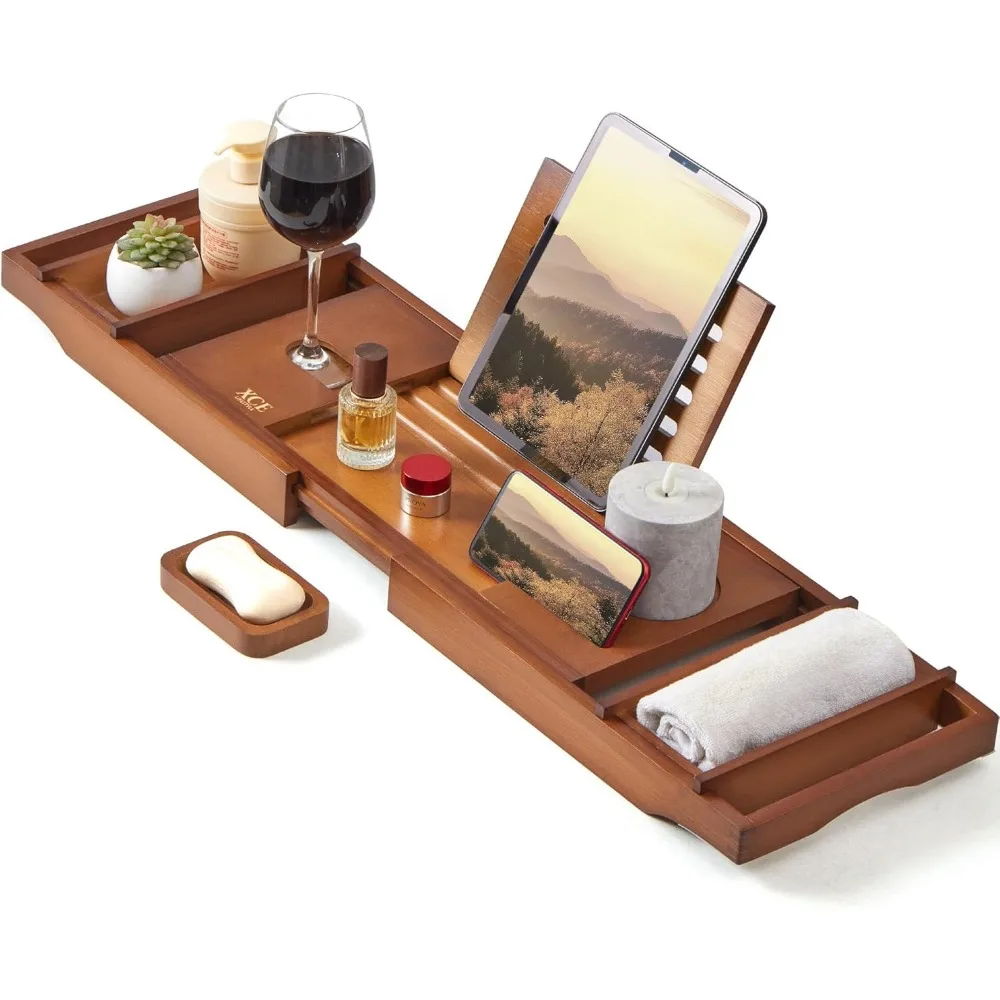 

Expandable Bathtub Caddy Tray Up to 105cm with Bamboo Book Stand and Soap Holder for Couples Relaxation