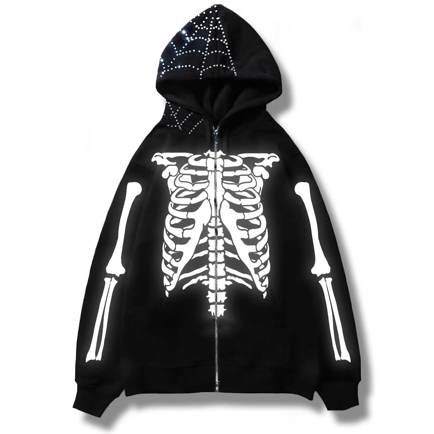 Mens Black Streetwear Skull Hoodies Y2K Vintage Cardigan Skeleton Hoodie Men Oversized Zip Up Hooded Sweatshirt Tokyo Revengers