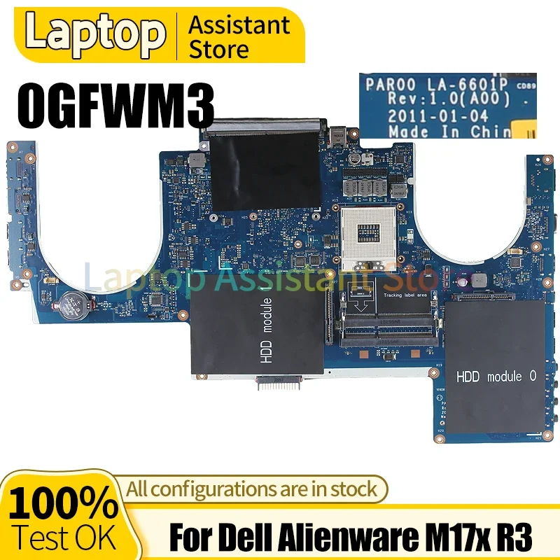 

For Dell Alienware M17x R3 Laptop Mainboard LA-6601P CN-0GFWM3 0GFWM3 HM67 DDR3 Notebook Motherboard 100%Work