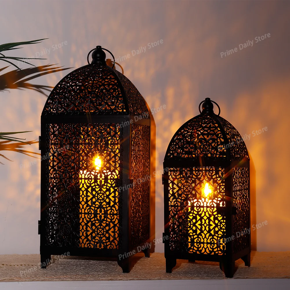 2Pcs Metal Candle Holder Black Vintage Candle Lantern Decorative Hanging Lantern with Hollow Pattern for Party Garden Home Decor