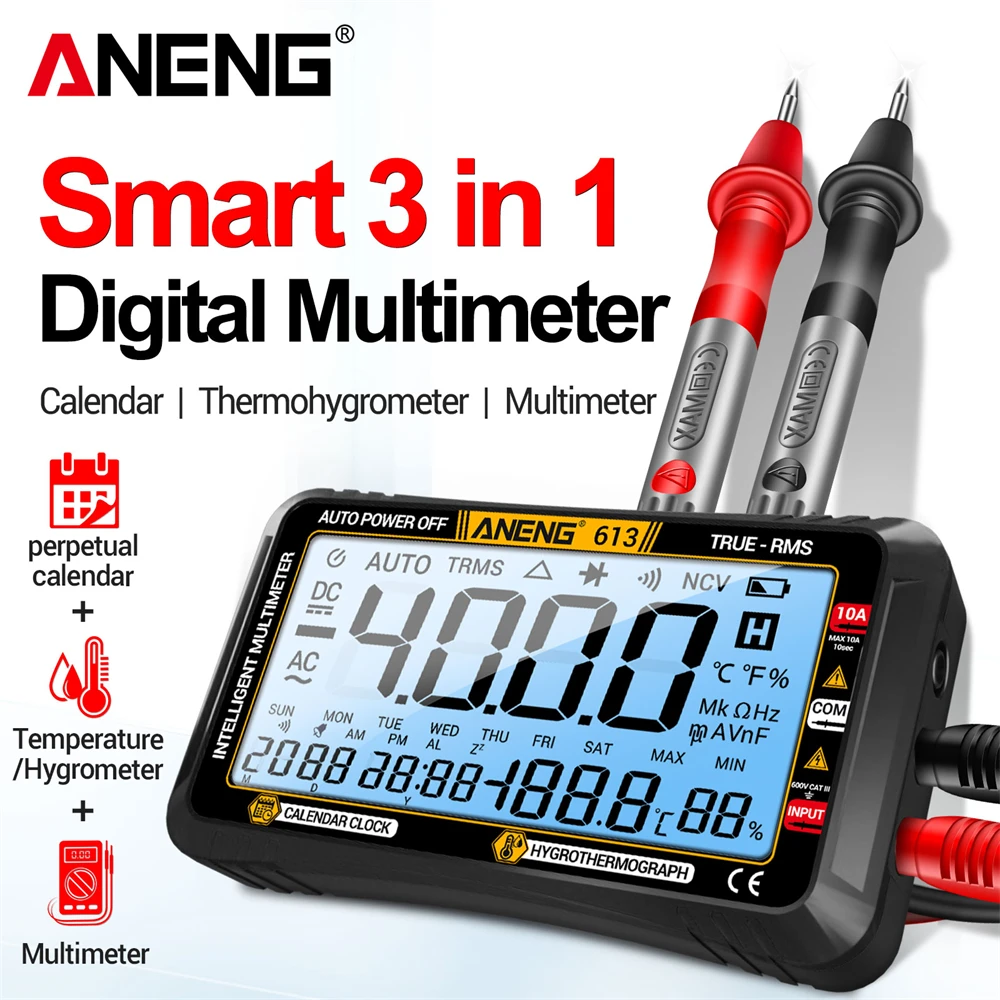 aneng 613 multimetros inteligentes dc ac tensao capacitor tester 4000 contagens 10a corrente 600v voltimetro teste despertador conjunto ferramentas 01