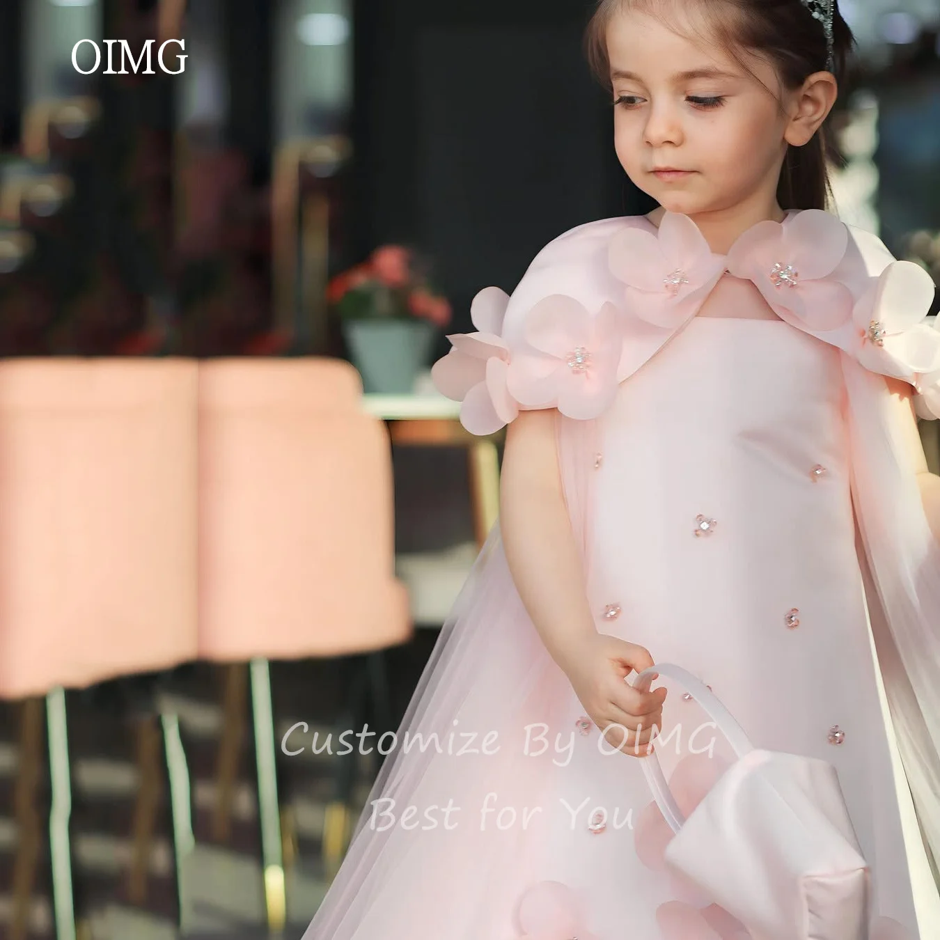 فساتين OIMG باللون الوردي مع الزهور/الخرز على شكل حرف A وأكمام قصيرة لحفلات الزفاف بطول الركبة فستان عيد الميلاد حسب الطلب #2