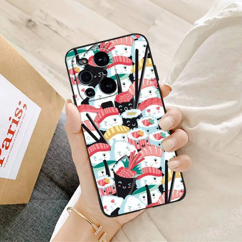 Kawaii Sushi Crowd Phone Case For OPPO Find X5 X3 X2 A93 Reno 4 3 Pro A75 A94 A74 A53 A72 A52 Black Soft Silicone Case