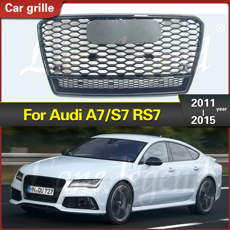 For RS7 Style Front Sport Hex Mesh Honeycomb HoodGrill Gloss Black for Audi A7/S7 2011 2012 2013 2014 2015 Grills CarAccessories