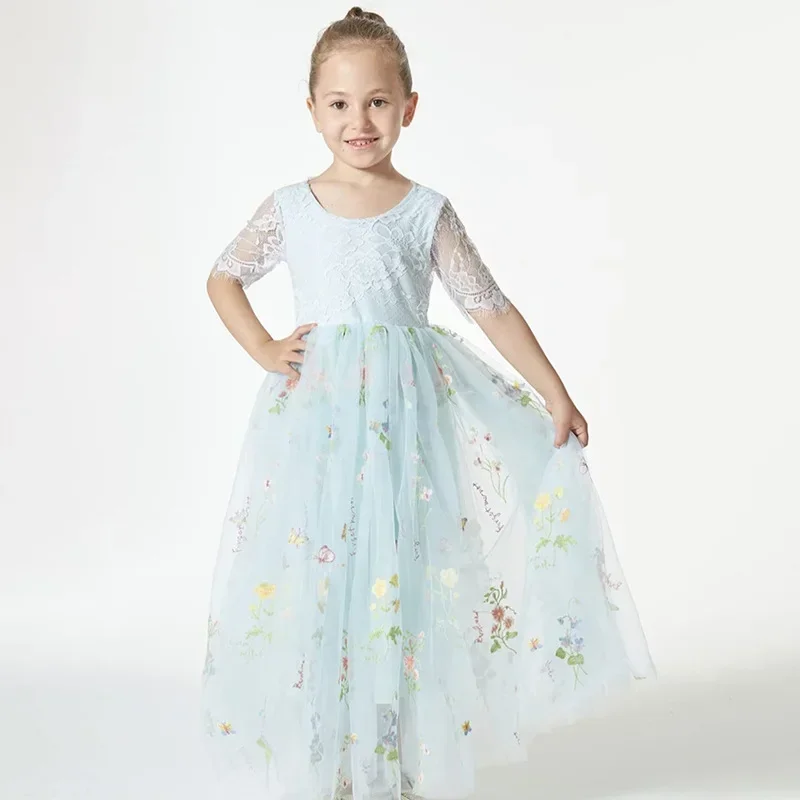 Princesa vestido com rendas e bordados de flores para menina, vestido longo com meia manga, festa de casamento, aniversário, 1 a 12 anos