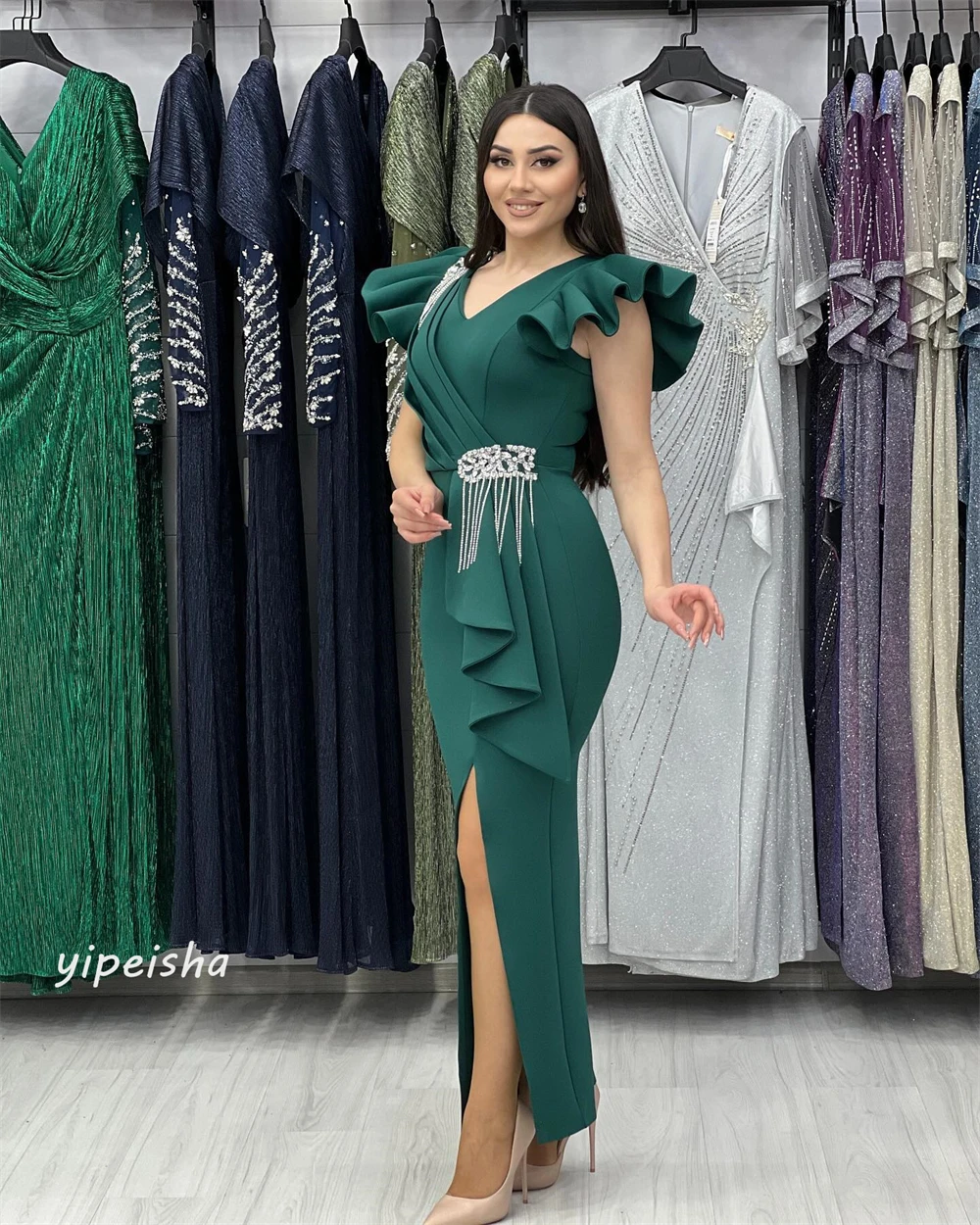 Jersey Pleat Ruffles rumbai baju ketat wisuda V-Neck Bespoke gaun acara gaun Midi