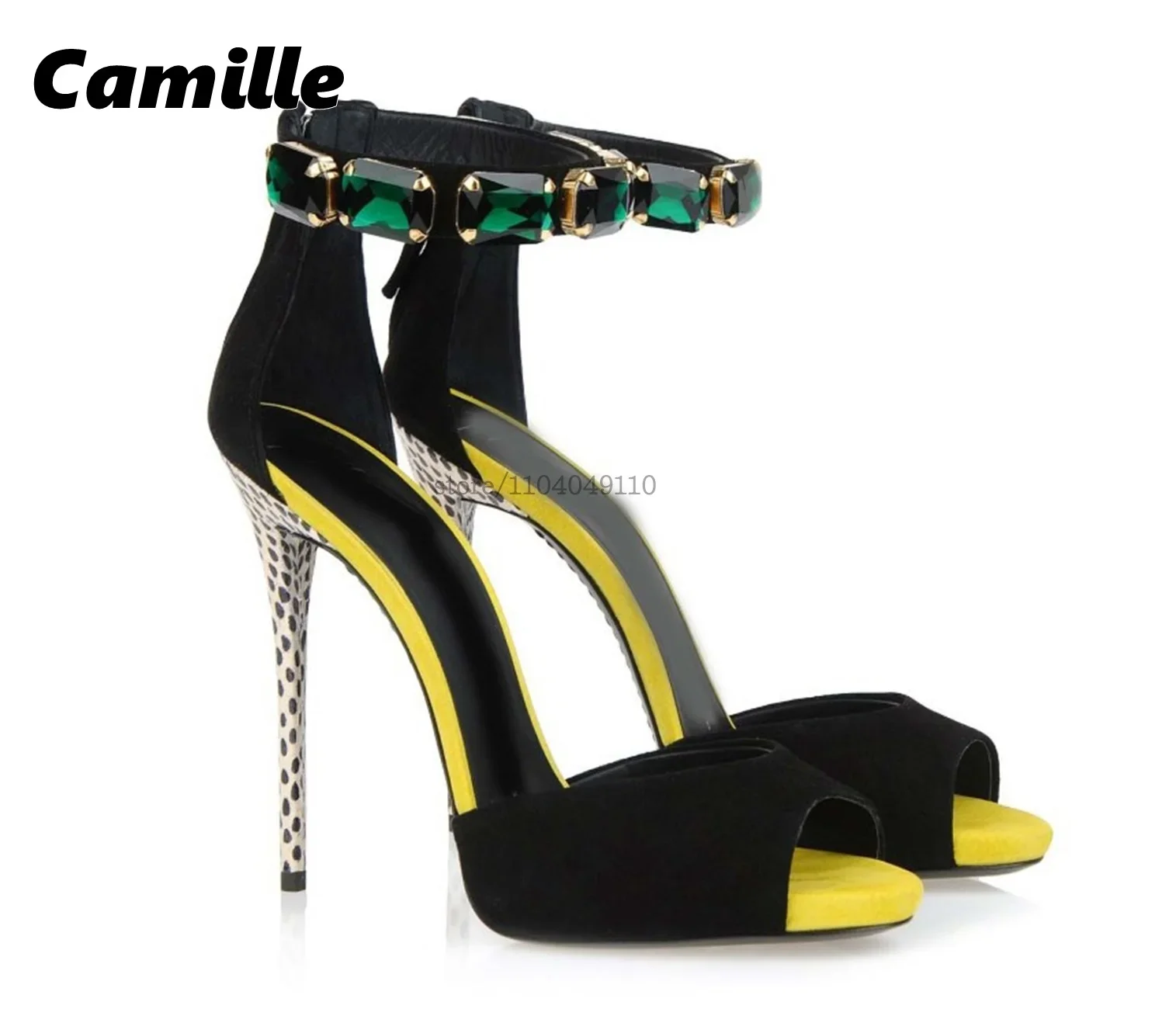 

Suede One Word Belt Ankle Rhinestones Polka Dots Heel Sandals Peep Toe Side Empty Sexy Lady Sandals 2025 New Catwalk Style Shoes