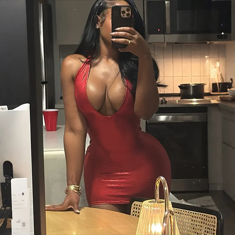 

Европейское и американское осеннее новое облегающее платье из ледяного шелка с глубоким v-образным вырезом для горячих девушек без рукавов с подвесным воротником