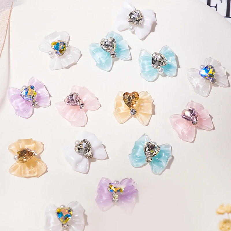 5 قطعة القوس الراتنج ثلاثية الأبعاد مع بريق القلب الراين اللؤلؤ مسمار الفن مجوهرات Deocrations النساء صالون الأظافر الفاخرة مانيكير السحر