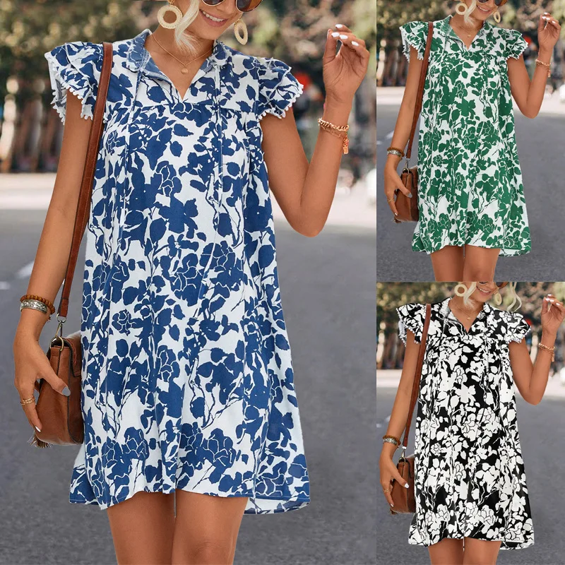 

2024 New Women's Spring/Summer Fashion, Elegance, Leisure Commuting, Sexy V-neck Tie up, Lotus Leaf Sleeves, Printed Dress