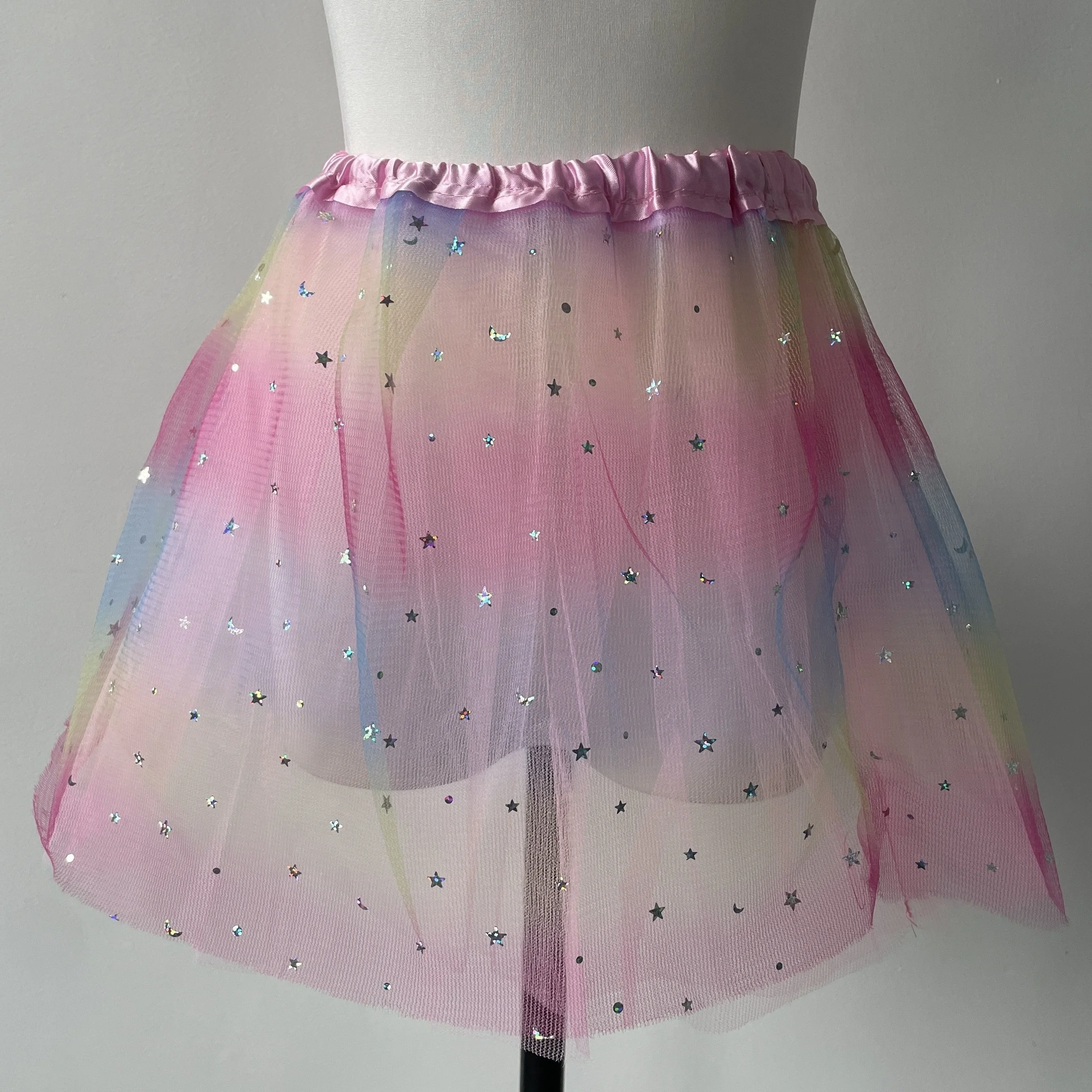 Candy colored mesh TUTUTU dress skirt with a small short skirt featuring sparkling stars and moon patches