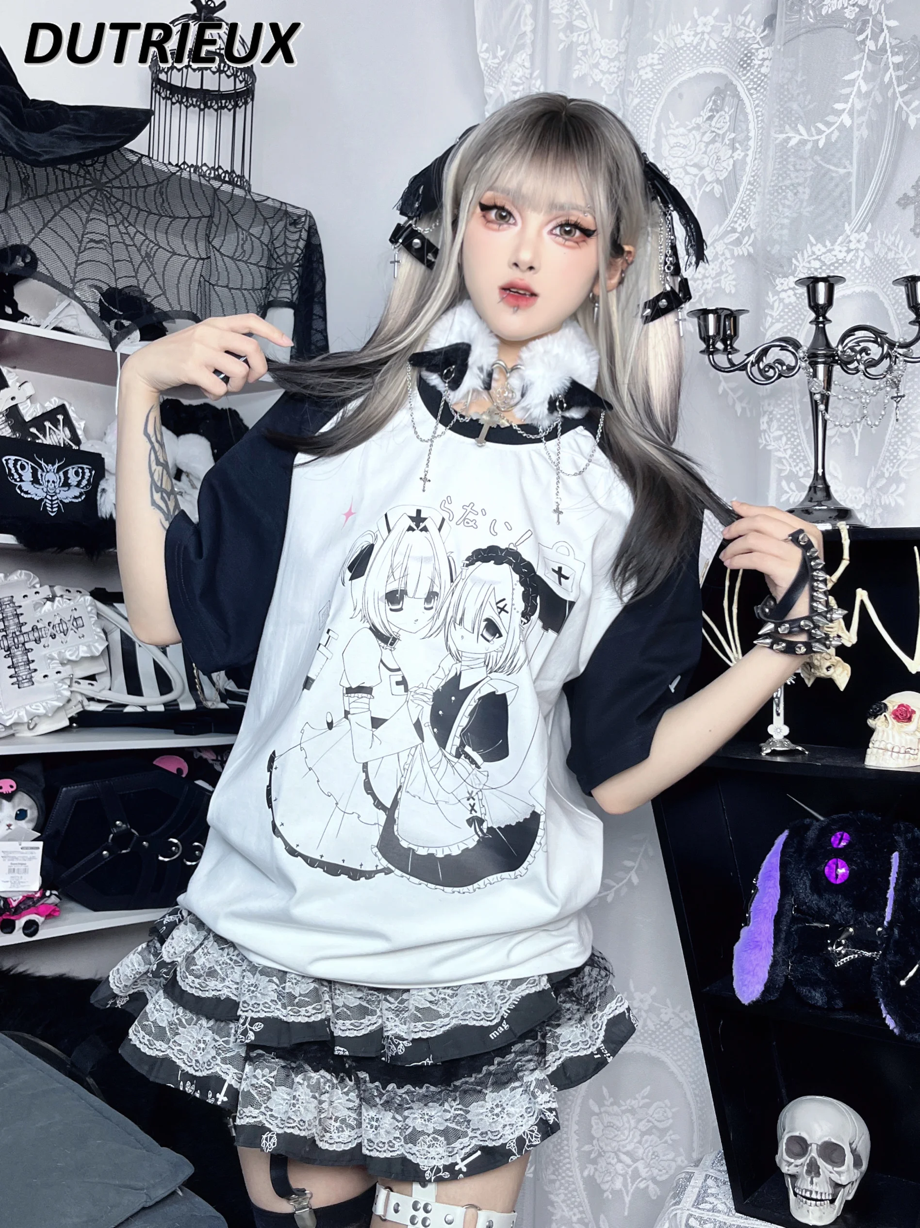 Black White Color Matching Raglan Short Sleeve Cartoon Printed Cotton T-shirt Original Design Summer New Round Neck Student Top