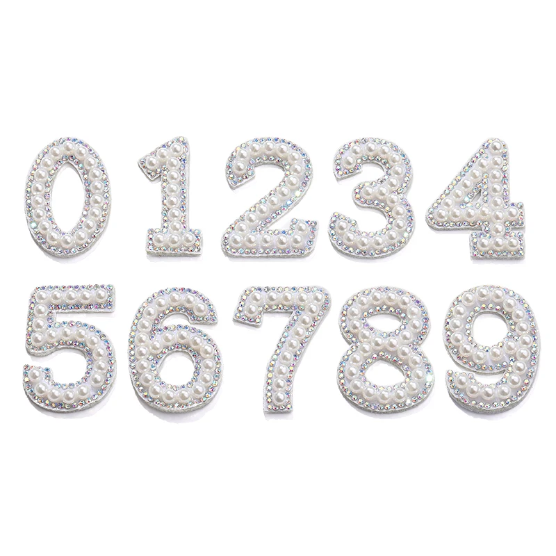 

Hot-Fix White Pearl Crystal Patches digit Rhinestone Applique non-woven fabric for Clothes Dress Shoes Bags on DIY Accessorise