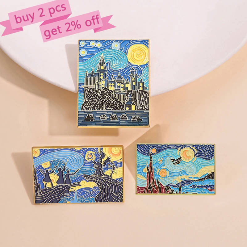 Starry Night Magic School Enamel Pins Custom Witch Wizard Castle Brooches Lapel Badges Punk Jewelry Gift for Fans Friends