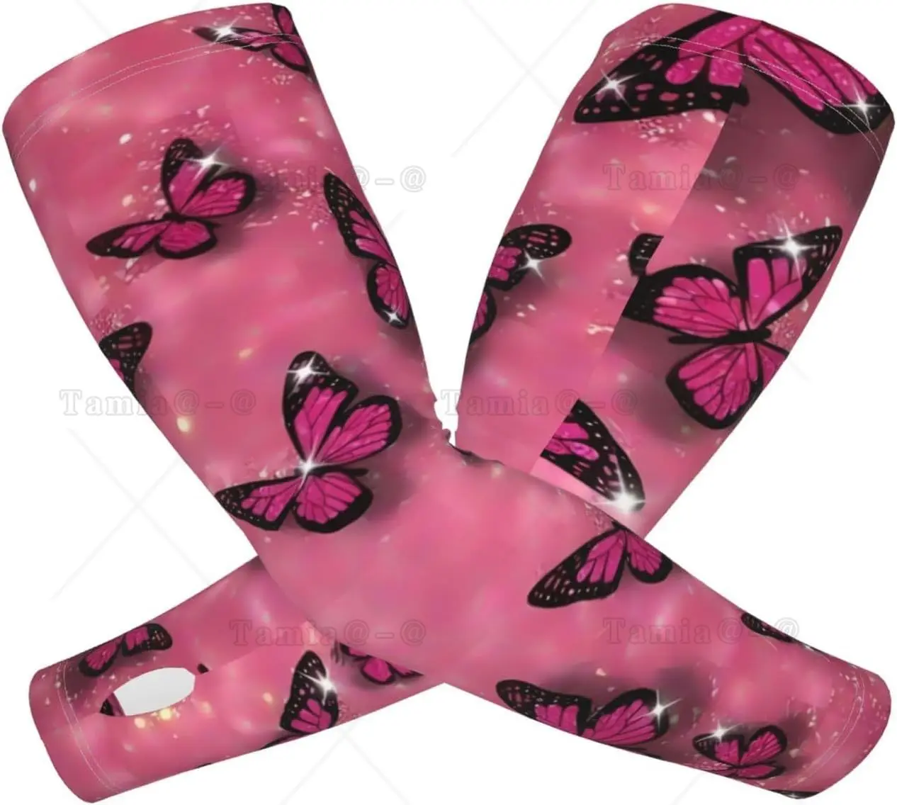 Glittering Pink Butterfly Print Arm Sleeves Cooling UV Sun Protection Sports Compression for Men Women Basketball Arm Sleeves