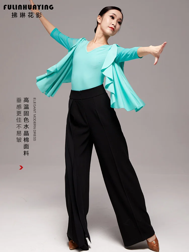 2023 Woman New Latin Dance Pants High Waist Belly Tight Straight Pants Modern Dance Wide Leg Pants Professional Ballroom Y0267