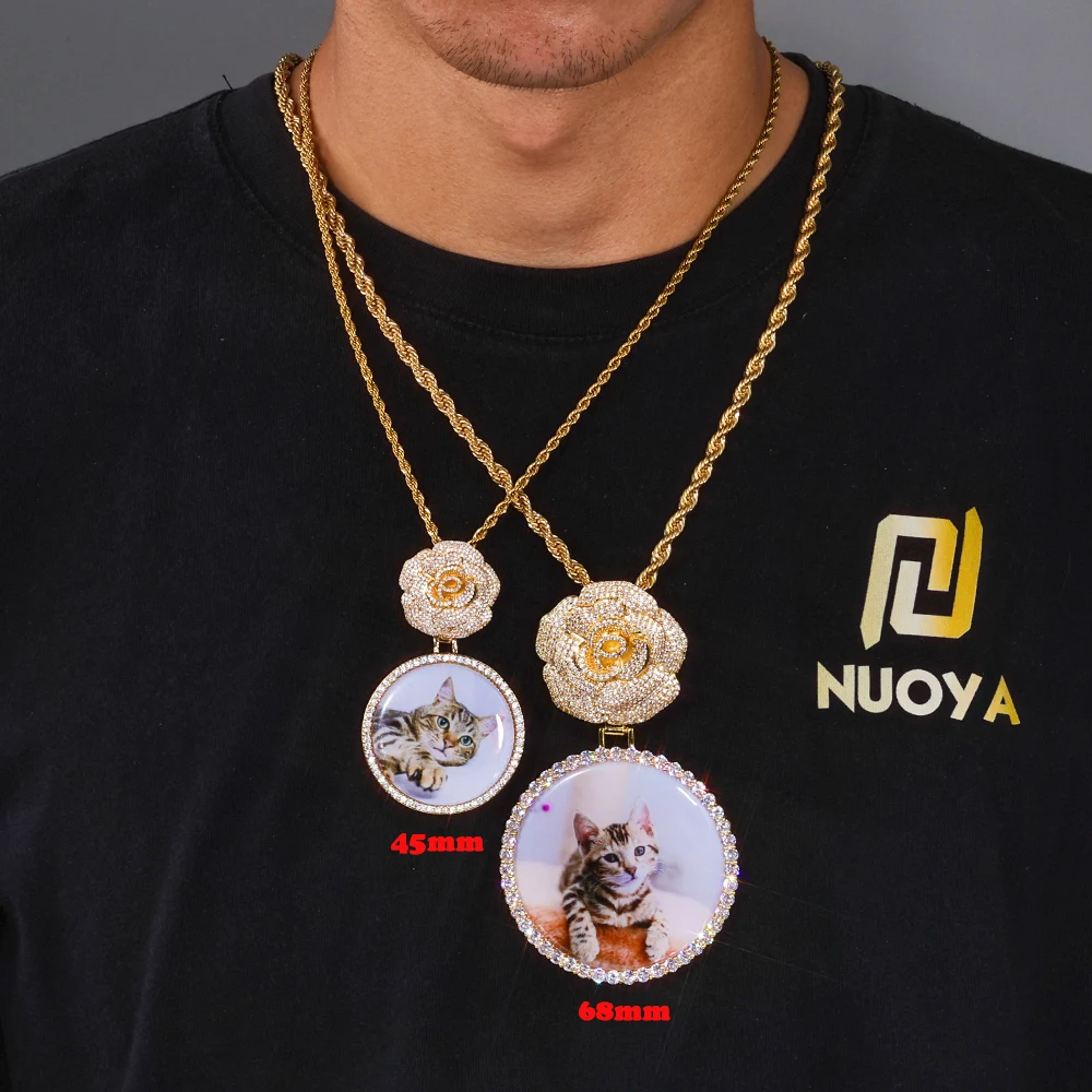 Customizable HipHop Rose Flower Bail Medallion Jewelry Personalized DIY Photo Memory Pendant 45/68mm Circle Picture Chain Gift