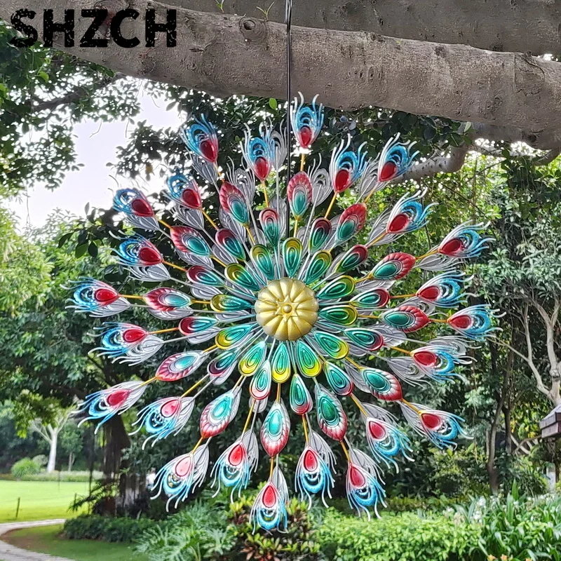 Peacock Windmill for Scenic Spots Iron Hanging Tree Decor Outdoor Photo Prop for Gardens Rotating Landscape Ornament with Hook