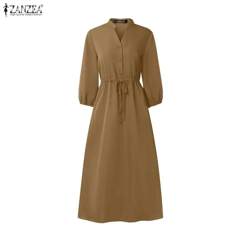 ZANZEA Women Dresses Trend 2026 Spring Solid Color Loose Dress Casual 3/4 Sleeve Drawstring Waist Work Sundress Button Midi Robe