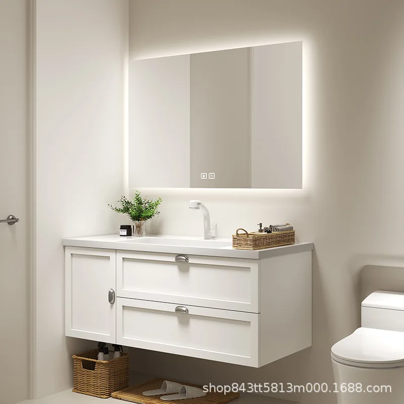 

Light luxury cream wind solid wood bathroom cabinet combined with ceramic integrated basin bathroom washstand washbasin