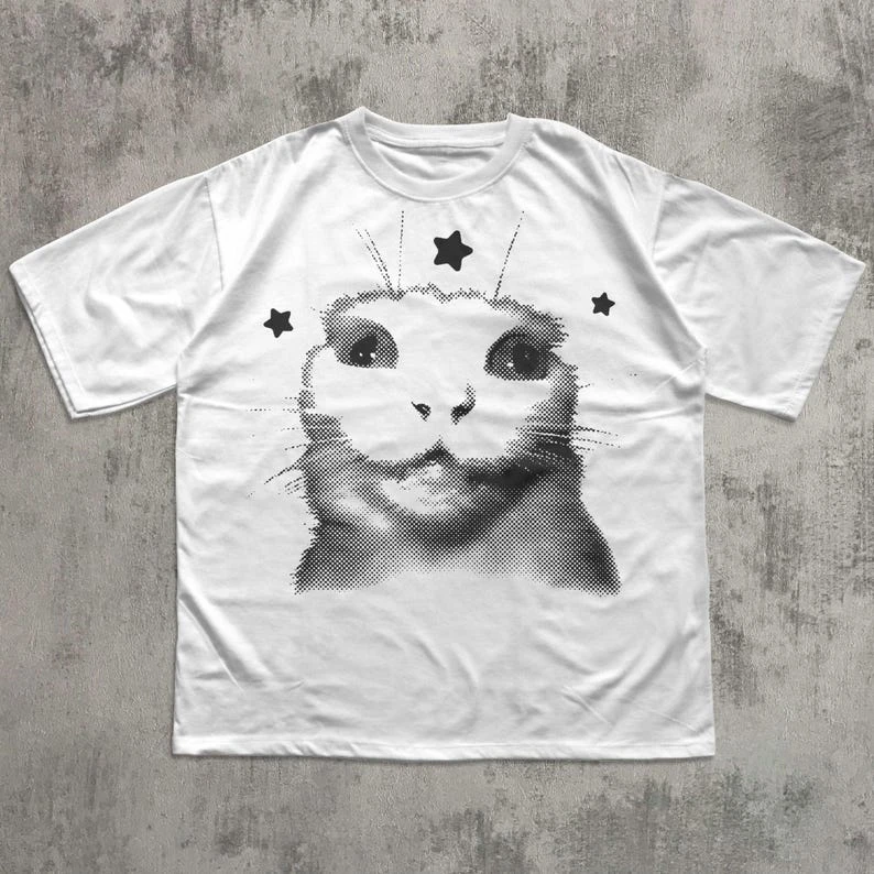 Funny Weird Cat Y2K Aesthetic T shirt Trendy Oversized Unisex Vintage Loose Short Sleeves Classic Streetwear high quality soft