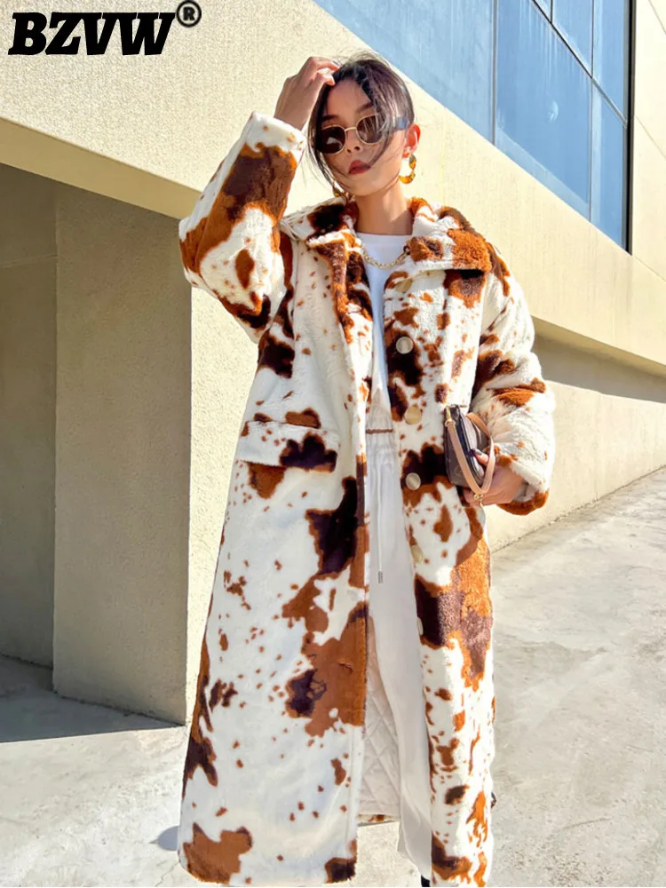 BZVW Cow leopard print pattern lamb woolen coat for women lapel long sleeves contrast color loose coats 2024 winter new 25Z1332