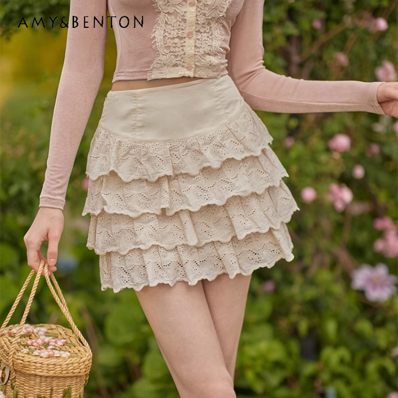 

French Retro Three-Color Hollow out Layered Women's Skirt 2025 Summer Autumn New Sweet Temperament Versatile Short Skirts ladies
