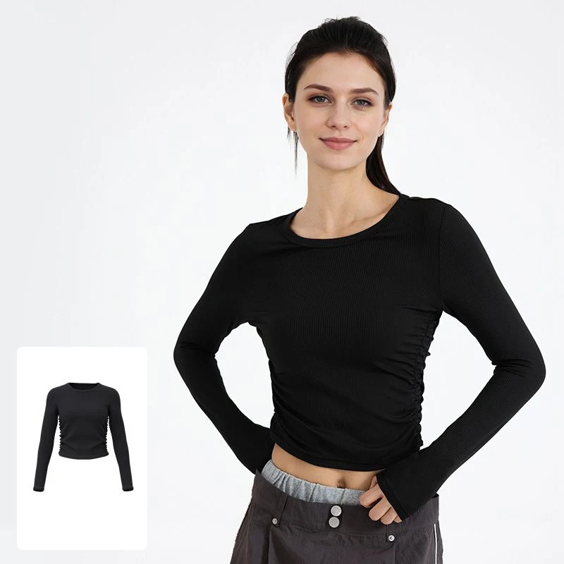 2026 Women New Autumn Slim Fit Yoga Shirts Polyester Breathable Waist Cinching Striped Sports Fitness Long Sleeve Yoga Top