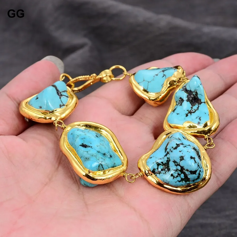 GG 9'' Freeform Blue Turquoise Yellow Gold Plated Bracelet Lady Bangle