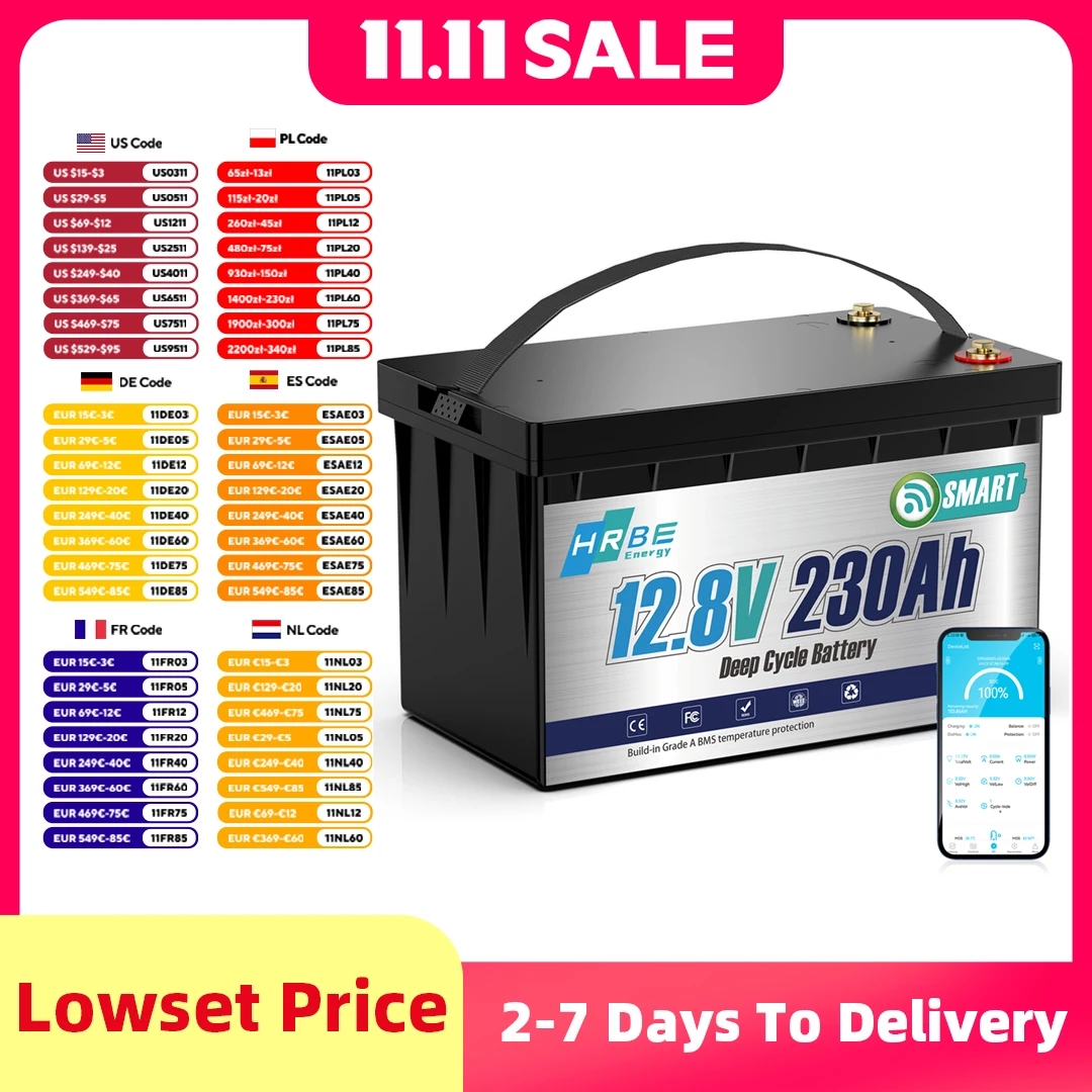 

HRBEEnergy 12 В 230 Ач LiFePO4 литиевый аккумулятор с Bluetooth 200 А BMS для автономного троллингового двигателя кемпера домашнее хранилище энергии