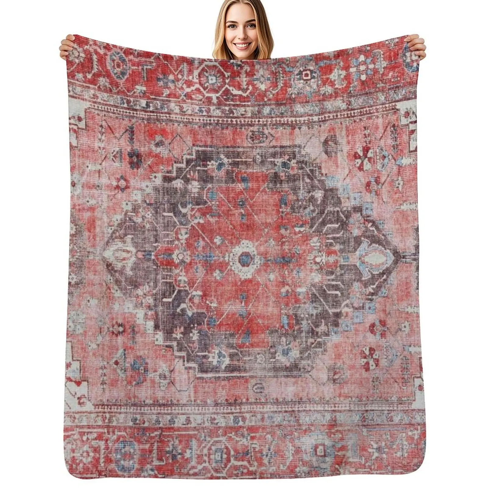 

Red Vintage Oriental Moroccan Style Artwork Throw Blanket Fuzzy Plush Throw Blanket for Sofa Chair