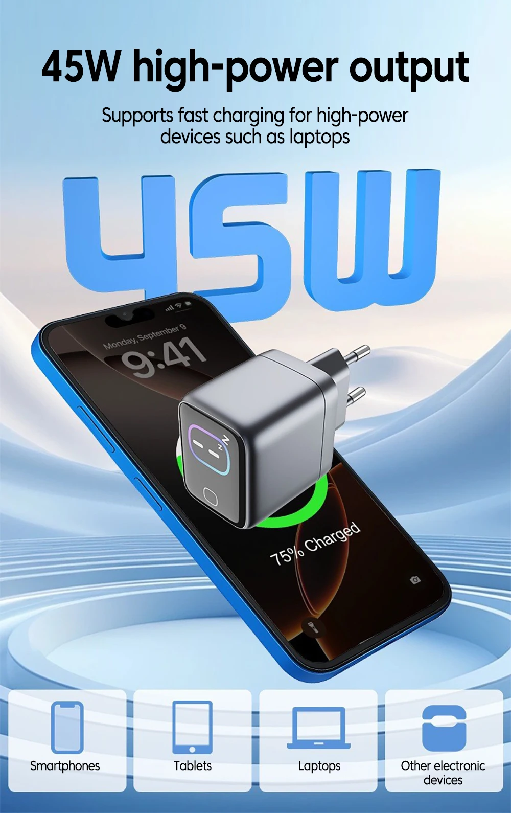 PD 45w GaN Fast Charger Type-c Port Mobile Phone Adapter With AI Smart Screen Display For iPhone 17 16 15 Samsung Xiaomi Huawei