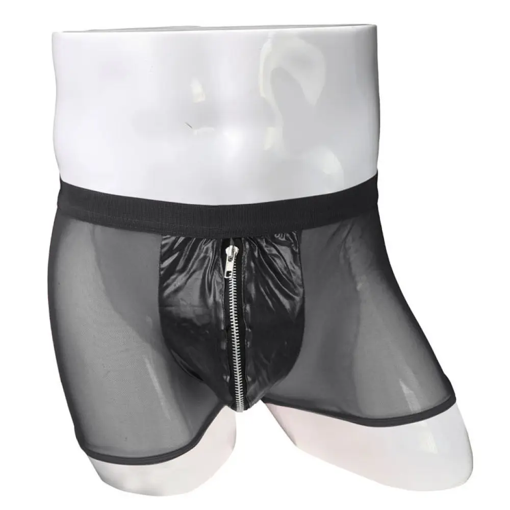 Mens Fashion Faux Leather Mesh Boxer Briefs Mid Rise Zipper Underwear Breathable Stretchy Trunks For Festival Outfit