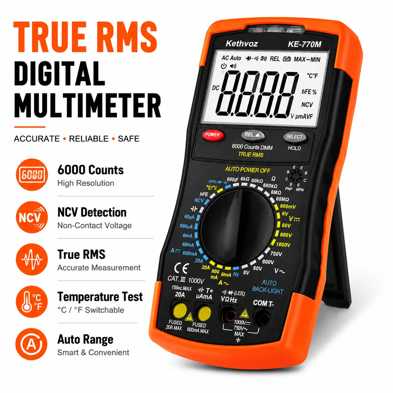 BTMETER TRMS Digital Multimeter 6000 Counts Auto Range AC/DC Voltage Current Resistance Capacitance NCV Temp Tester