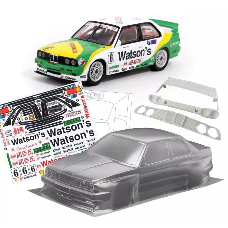 RC Drift Body 1/10 BMWM3 E30 Clear Lexan Car Shell W/3D Rear Wing, Front Bumper and Color Sticker Decals