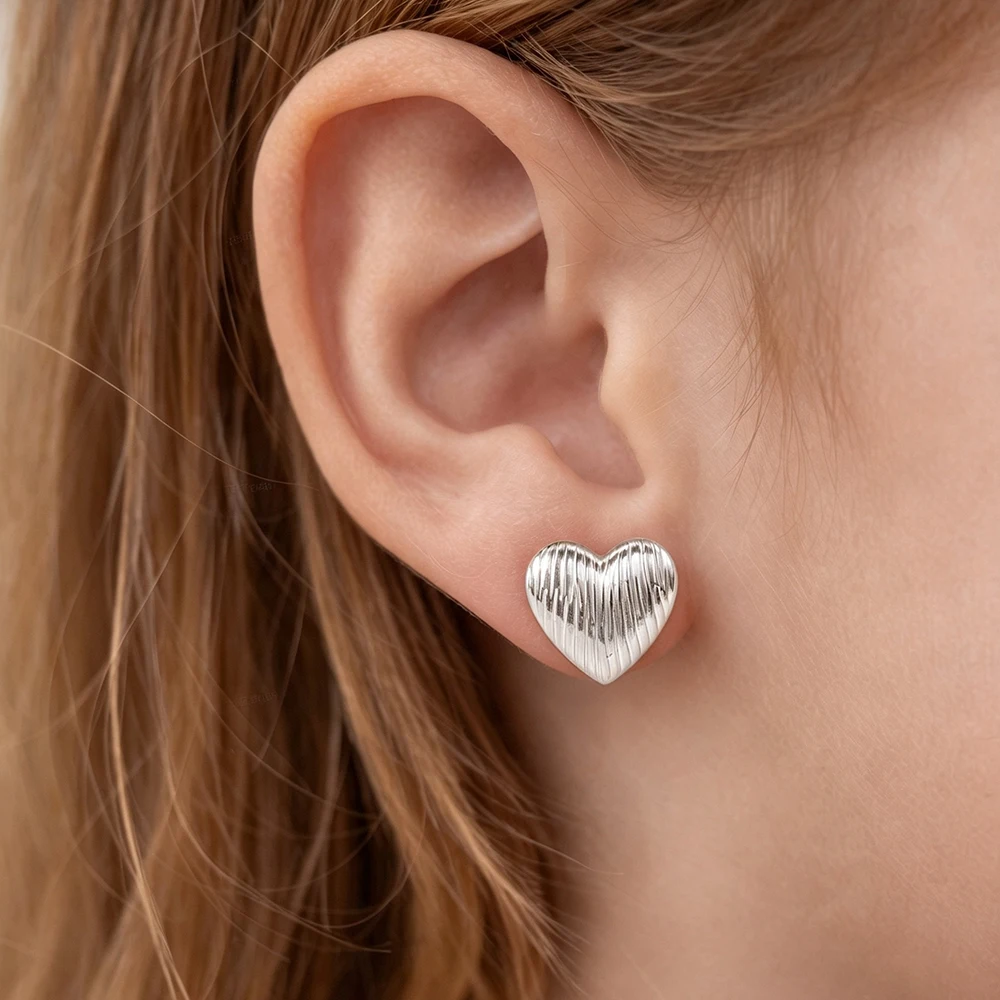 Stainless Steel Women's Vertical-Striped Heart Stud Earrings with 3D Texture—Perfect for Everyday Wear, Commuting, and Dates