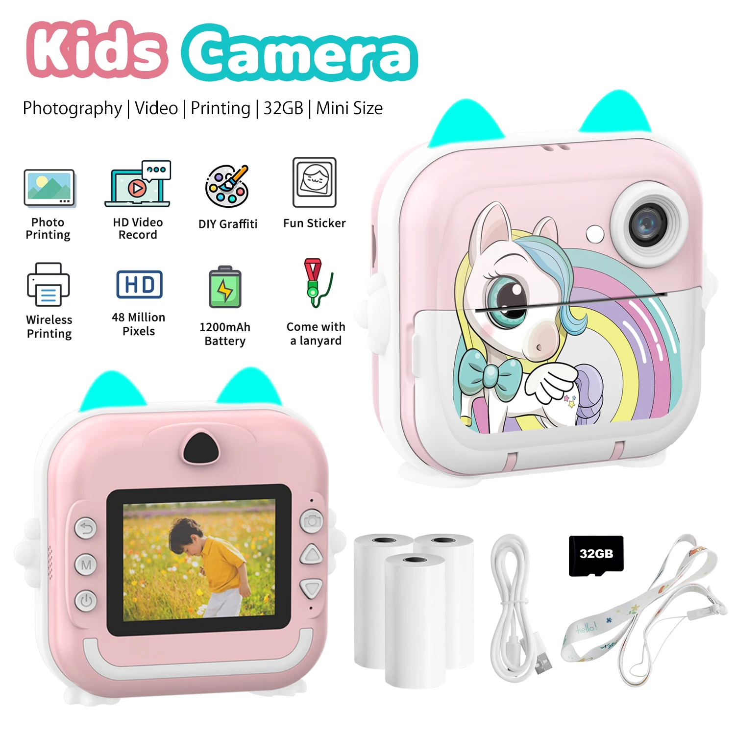 Kids Camera Photo Instant Print Photograph Video Record Wireless Inkless Printer Print Camera For Children Girls Boys Gifts Toys