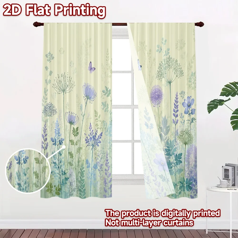 2D FLAT PRINTING 2pcs Curtains (Without Rod) Spring Floral Meadow Popular Creative Curtains Versatile Durable Polyester Curtains