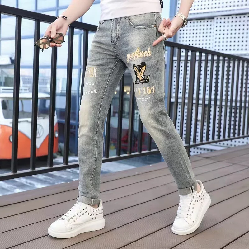 

Embroidered 3D Eagle Jeans Men Speckled Ink Casual Slim Fit Cotton Elastic Scratches Shattered Hole Long Pants Tight High Street