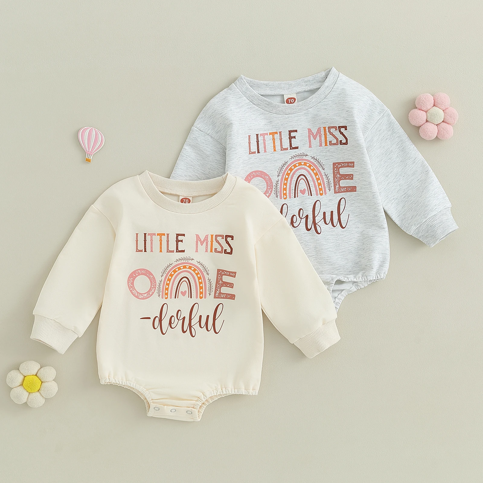 Baby Girls Casual Sweatshirt Romper Long Sleeve Crew Neck Letters Rainbow Print Bodysuit Clothes Baby Birthday Outfit Gifts