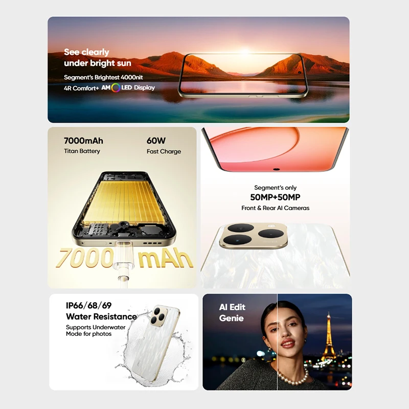 Russian Version realme 15T 5G Smartphone 7000mAh Battery 60W Charge 50MP Front & Rear Cameras 6.57" 4000nit AMOLED Display NFC