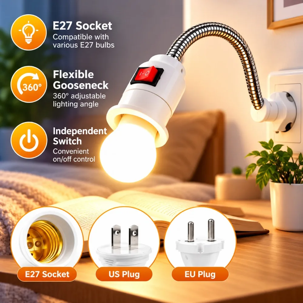 E27 Switch Lamp Base Holder 360 Degree Adjustable Flexible Wire Portable with EU/US Plug for Desk Lamp Home Lighting Accessories