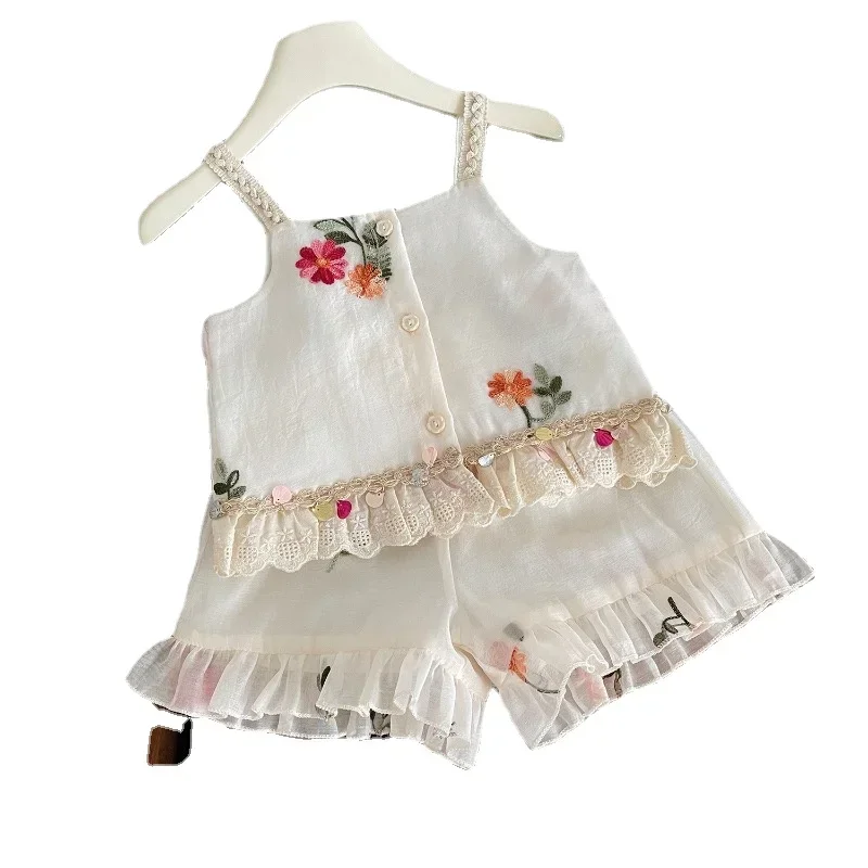 Girls Clothes Set Summer Sling Vest Shirt+shorts Fashion Korean Embroidery Children Clothing Suits Kids Clothes Two Piece Sets