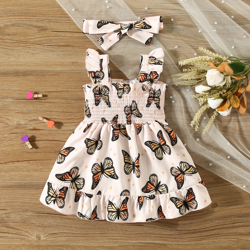 Summer Baby Girl Dress With Headband Butterfly Print Sleeveless Camisole Dress Sweet Daily Vacation Style Outfit Girls' Dress