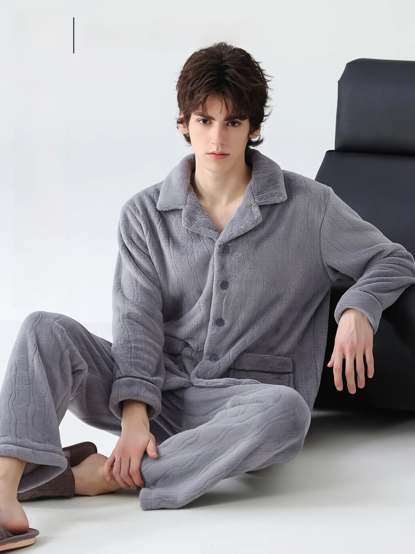 Catman Coral Fleece Lined Thickened Flannel Collar Men's Sleepwear Home Clothes Long Sleeve Pocket Design Straight Leg Pants