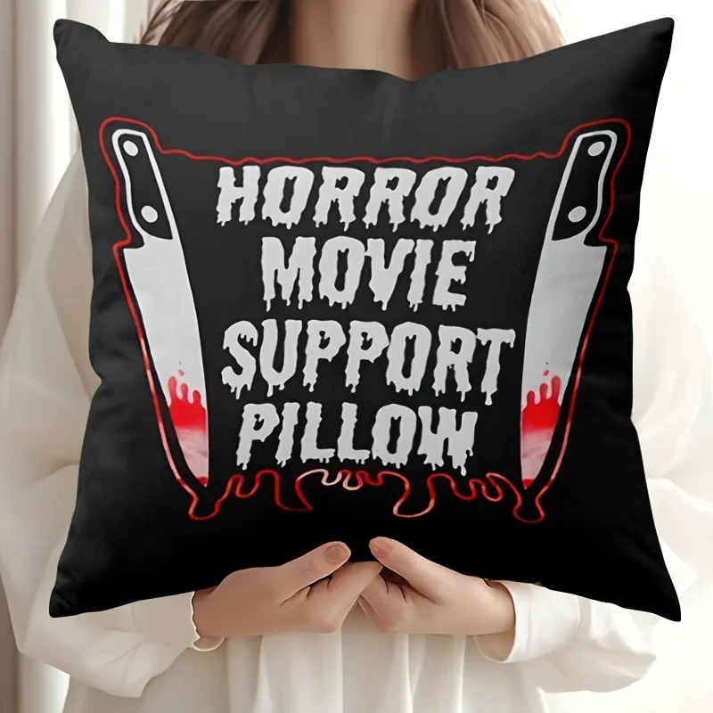 Horror Movie Support Pillowcase, Bloody Knife Cushion Cover, Funny Halloween Decor, Dark Humor Gift for Fans