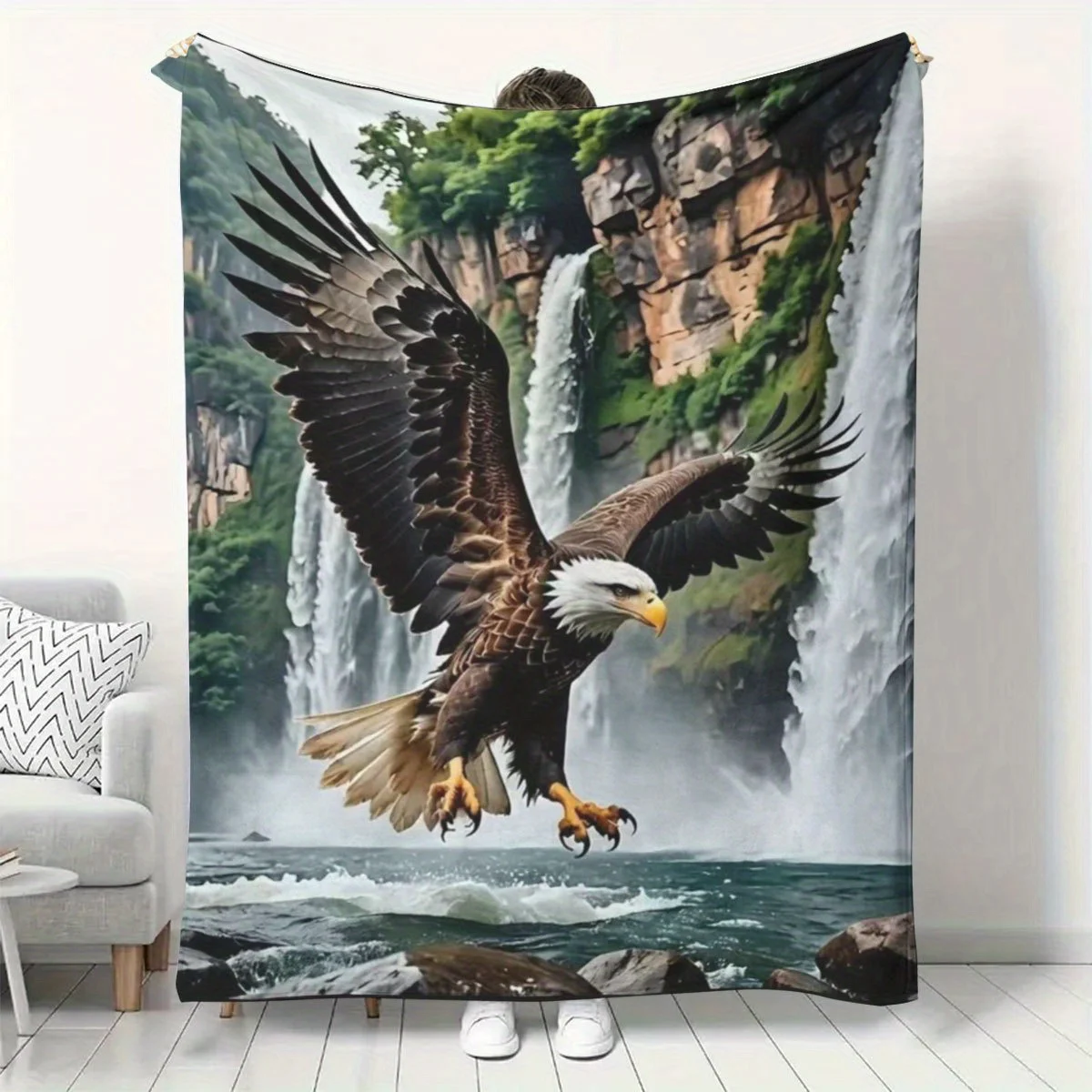 Bald Eagle Waterfall Flannel Throw Blanket Majestic Bald Eagle Flying Over Lake With Cliff Waterfall And Green Mountain Scenery
