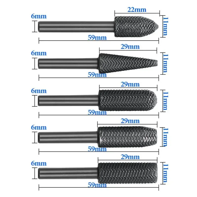 Arquivo de aço gravado Cabeça de moagem elétrica, rebarba de metal macia Alargando arquivo rotativo, arquivo em forma especial, 5pcs