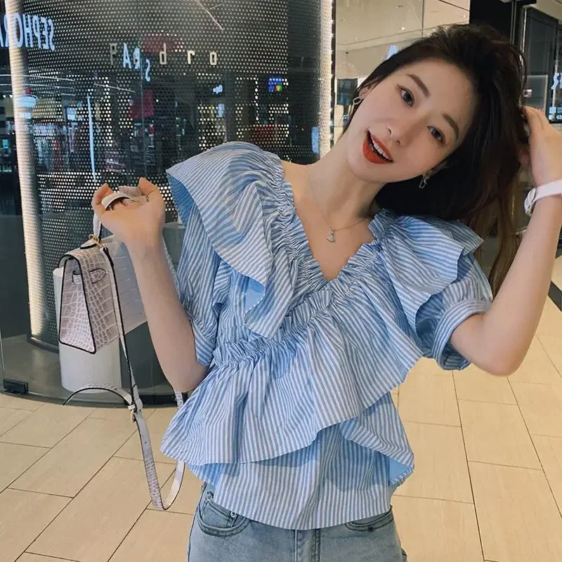 

Fashion Printed Spliced Ruffles Shirring Striped Blouse Women's Clothing New Casual Pullovers All-match Sweet Shirt XQ135