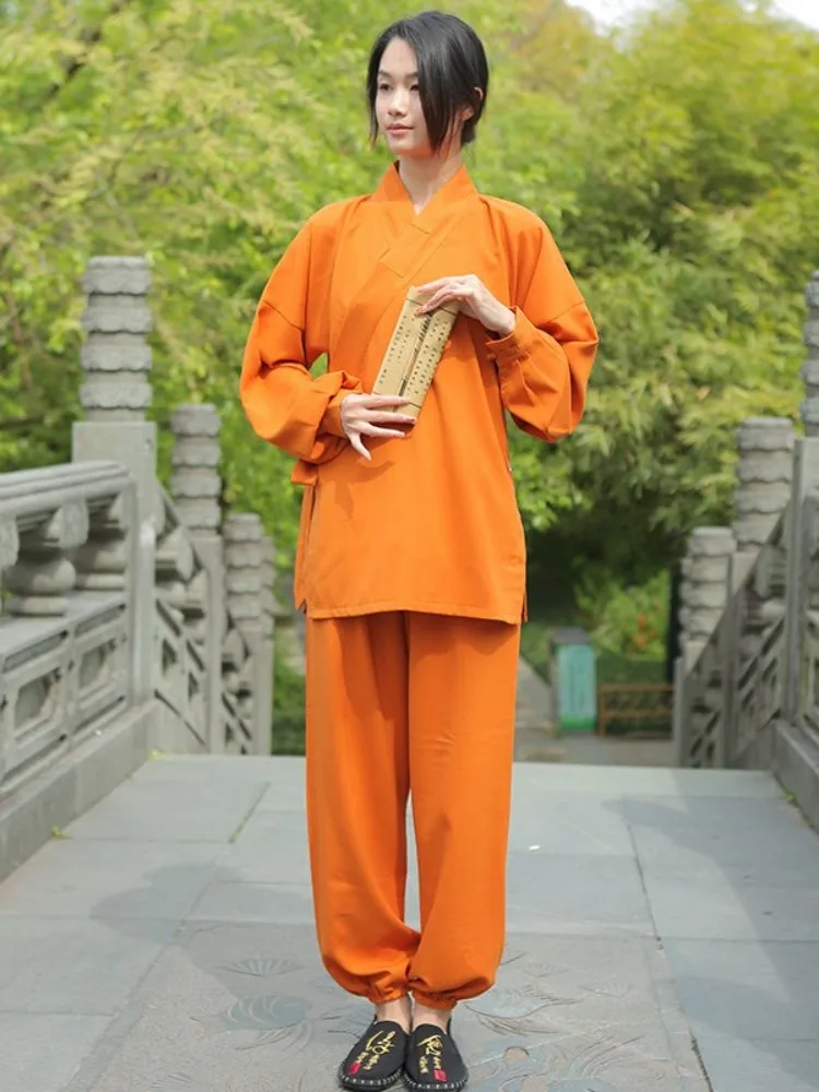 Women Cotton Linen Wushu Sportswear Gong Fu Tai Chi Martial Arts 2 Piece Set Outdoor Retro Long Sleeve Meditation Training Wear